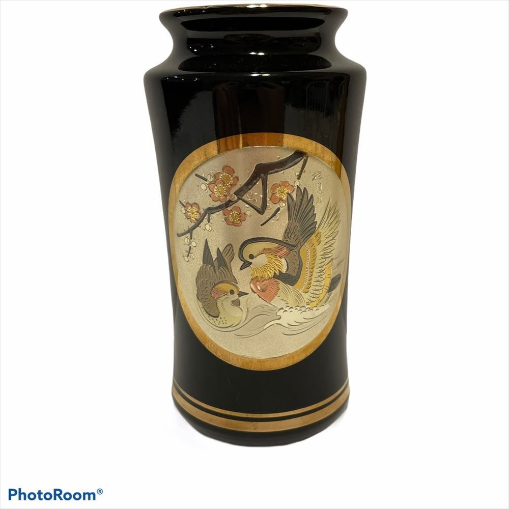 The Art of Chokin 24K Gold Edge Black Vase birds